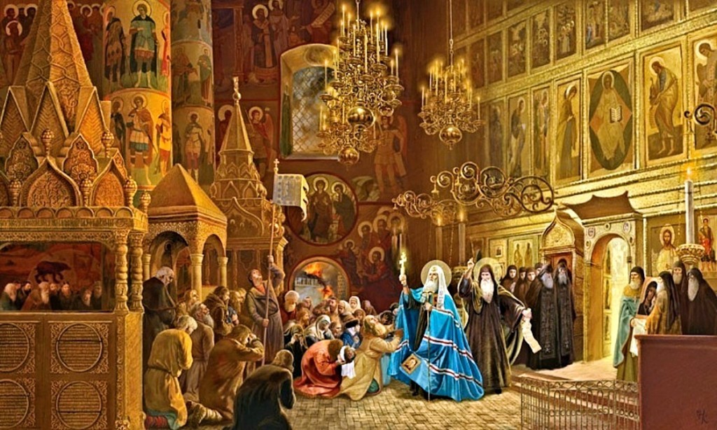 Святые Патриархи Гермоген и Иов совершают Покаянный чин в Успенском соборе Московского Кремля в 1607 г. (всенародное покаяние)